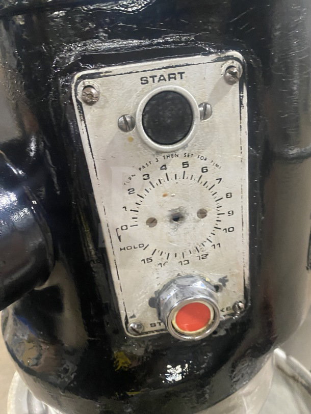 Hobart I800 commercial 80-quart planetary mixer control panel, stainless steel bowl, 3-phase, 208V, in used condition.
