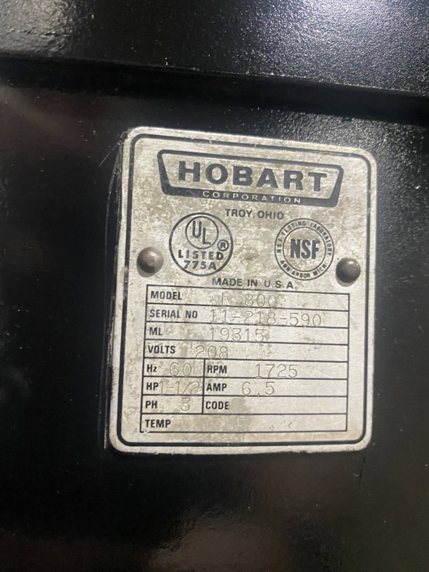 Hobart I800 80-Quart Planetary Mixer with stainless steel bowl, model I800, SN 11-218590, 208V, 3-Phase.