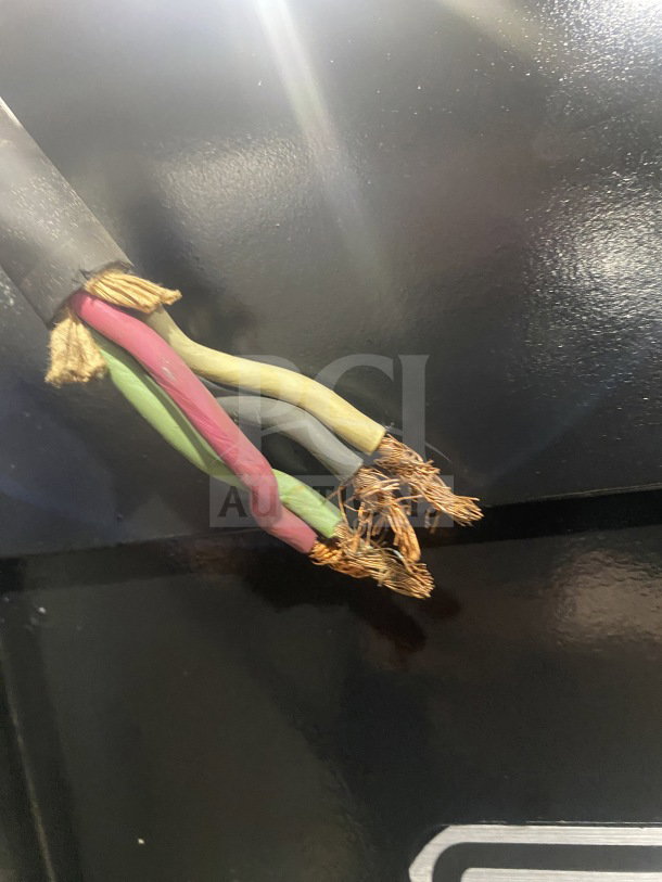 Frayed power cables on a Hobart I800 commercial mixer, indicating potential repair needs. Model: I800 SN: 11-218590, 208V, 3Phase.