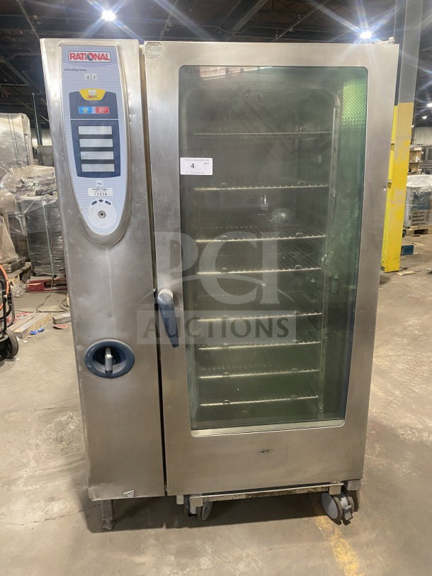 Rational SCC202 SelfCooking Center, stainless steel, full-size combi oven, wired rack, 208V, 3 phase, on casters, used.