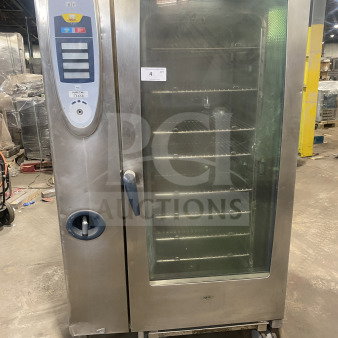 Rational SCC202 SelfCooking Center, stainless steel, full-size combi oven, wired rack, 208V, 3 phase, on casters, used.