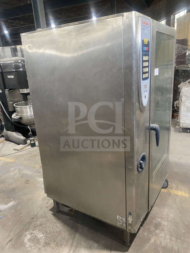 Rational SCC202 commercial combi oven, stainless steel, electric, full-size, with wired rack, on casters, 208V, 3-phase.