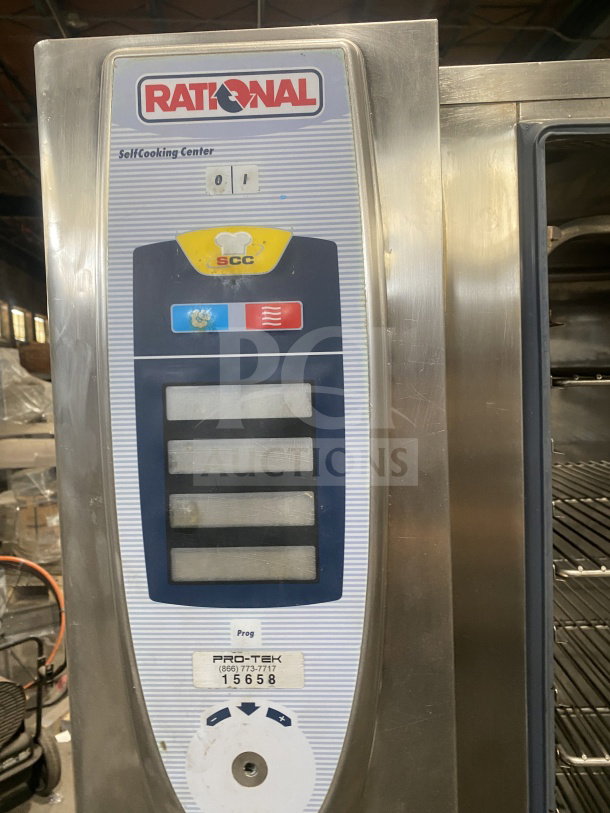 Rational SelfCooking Center SCC202, stainless steel, electric combi oven with wired rack, 208V, 3 Phase, on casters.