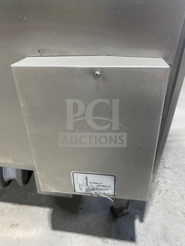 Rational SelfCooking Center SCC202, stainless steel electric combi oven, full-size, with wired oven rack, on casters.