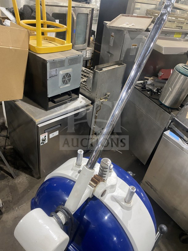 Doyon commercial electric semi-automatic dough divider/rounder, white and blue, with lever handle, in good condition.