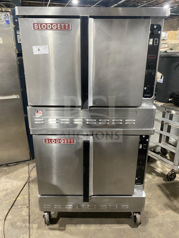 Blodgett commercial stainless steel double stacked convection oven, gas-powered, Energy Star certified, on casters, with wired rack.