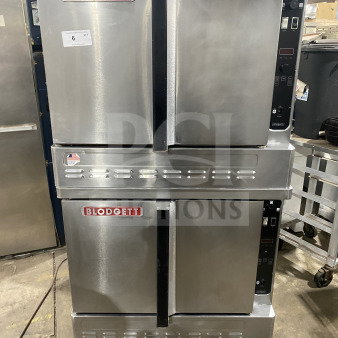 Blodgett commercial stainless steel double stacked convection oven, gas-powered, Energy Star certified, on casters, with wired rack.