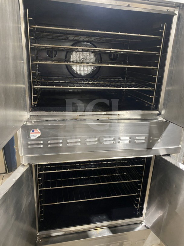 Blodgett stainless steel double convection oven, gas powered, Energy Star certified, on legs and casters, with wired racks.