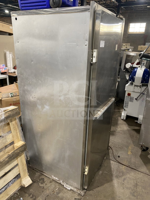 Revent stainless steel single door bakery proofer cabinet, electric powered with analog control panel, sturdy condition.