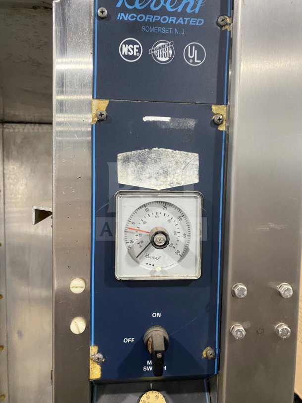 Revent Commercial Stainless Steel Proofer Cabinet, analog control panel, single door, good condition, certified for safety.