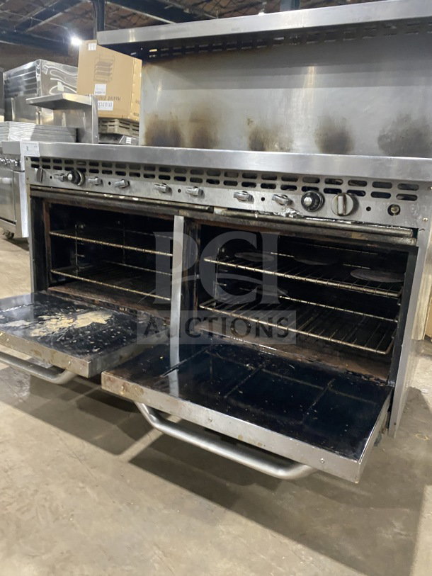 Bakers Pride stainless steel 10-burner range with double oven, backsplash, and overhead salamander shelf. Model: 955394604036.