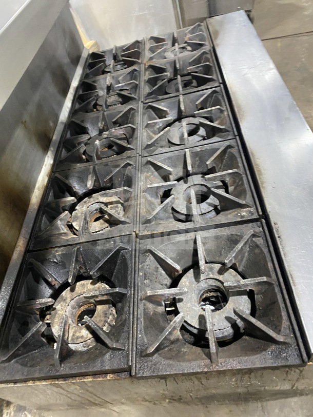 Bakers Pride 10 Burner Gas Range, Model 955394604036, Stainless Steel, with Double Oven, Back Splash, Salamander Shelf.