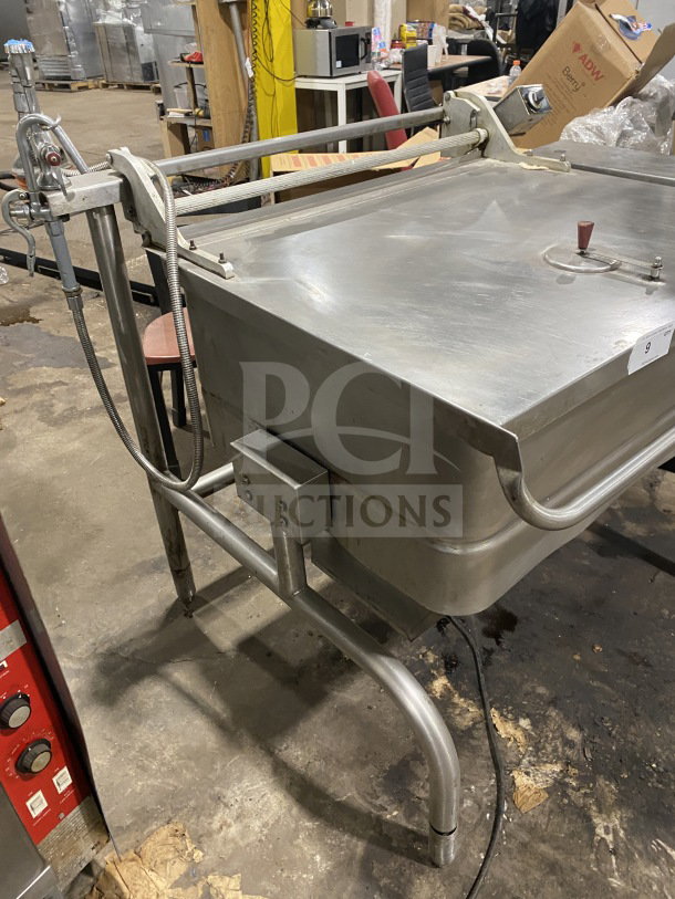 Groen Eclipse Series 40-Gallon Tilted Braising Pan/Skillet, Model P-40G, stainless steel, natural gas, thermostatic control, on legs.