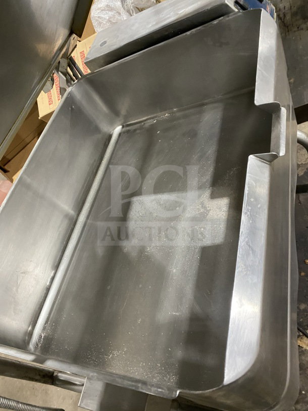Groen Eclipse Series 40-Gallon Stainless Steel Tilted Braising Pan, Model P-40G, Thermostatic Control, on Legs.