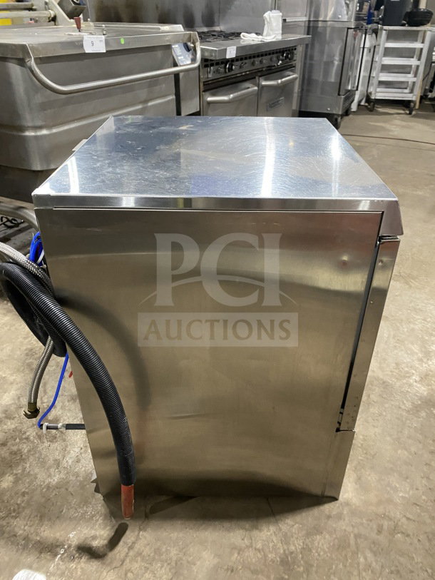 Hobart Advansys LXe Series stainless steel undercounter dishwasher, Model LXER, electric powered, with hoses attached.