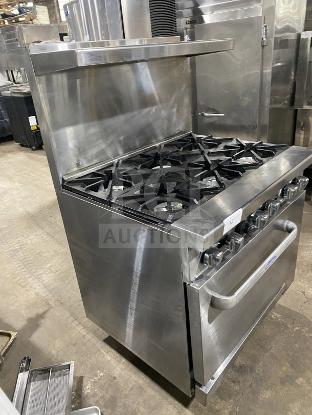 CookRite 6-burner stainless steel gas range/oven combo with backsplash, overhead salamander shelf, wired rack, on casters.