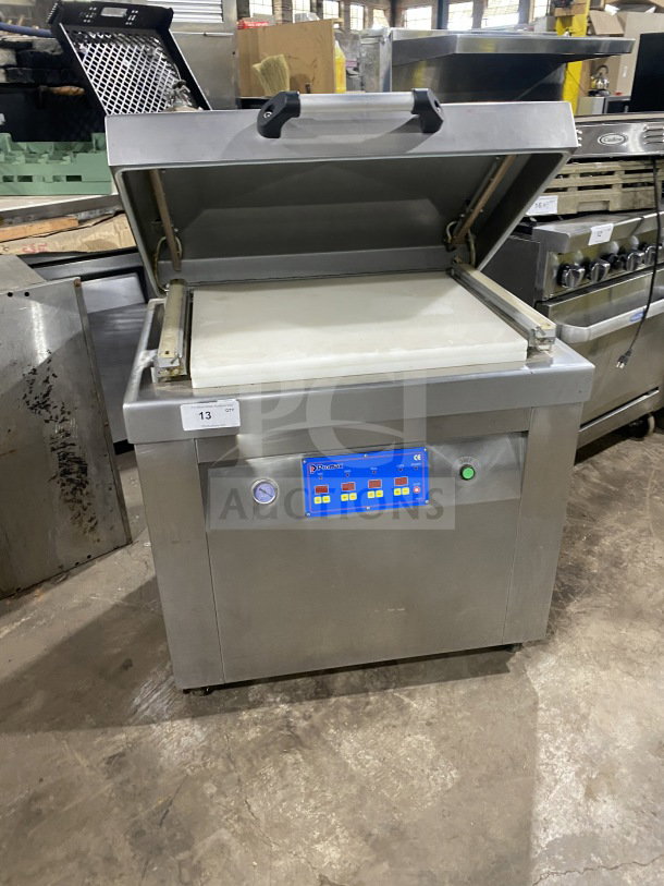 Promax stainless steel vacuum tray sealer with digital controls, single chamber, on casters.