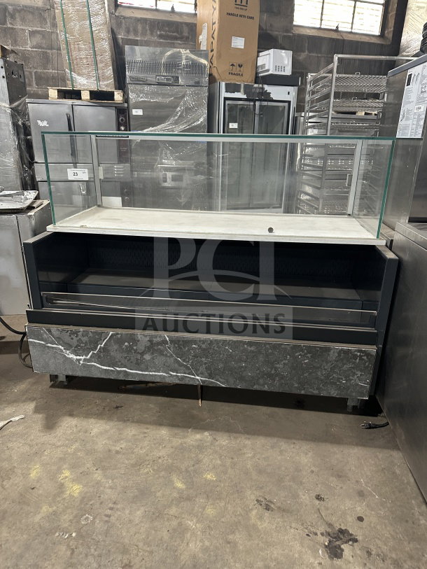 Commercial electric refrigerated open-air merchandiser with glass front, marble finish, 220V, 1 phase, in good condition.