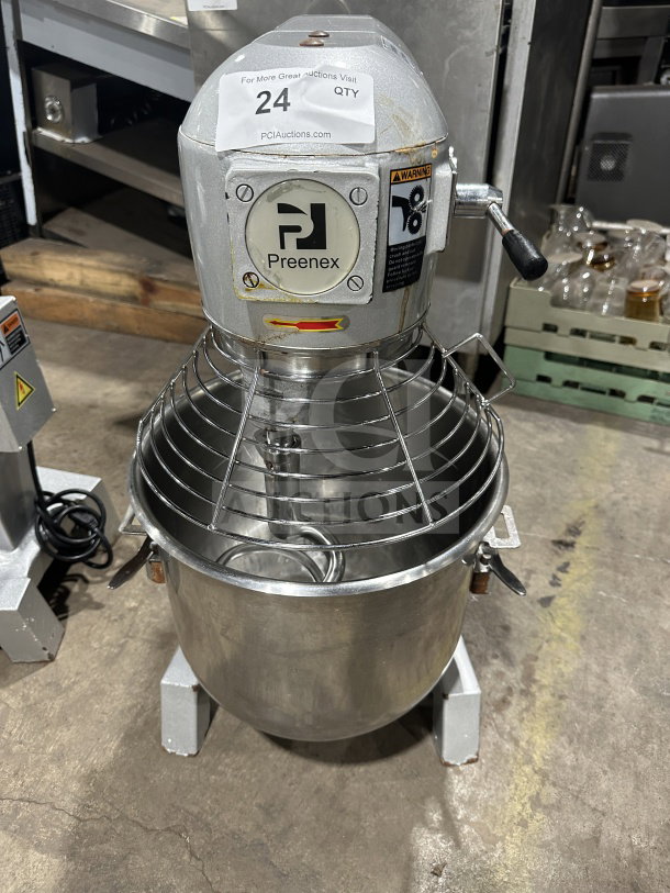 Preenex 30 Qt commercial mixer, 3-speed planetary model with stainless steel bowl, 110V. Used condition with visible tags.