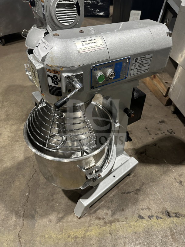 Preenex 30 Qt 3-Speed Planetary Mixer with stainless steel bowl, 110V. Includes control panel and labeling for safety.