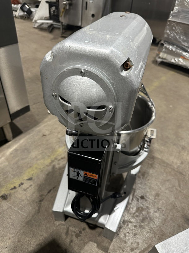 Preenex 30 Qt commercial mixer with stainless steel bowl, three speeds, 110V, visible warning label, countertop model.