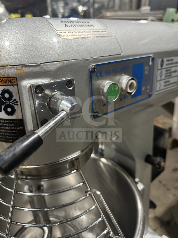 Preenex 30 Qt planetary food mixer with stainless steel bowl, 3-speed control, visible safety and control labels, used condition.