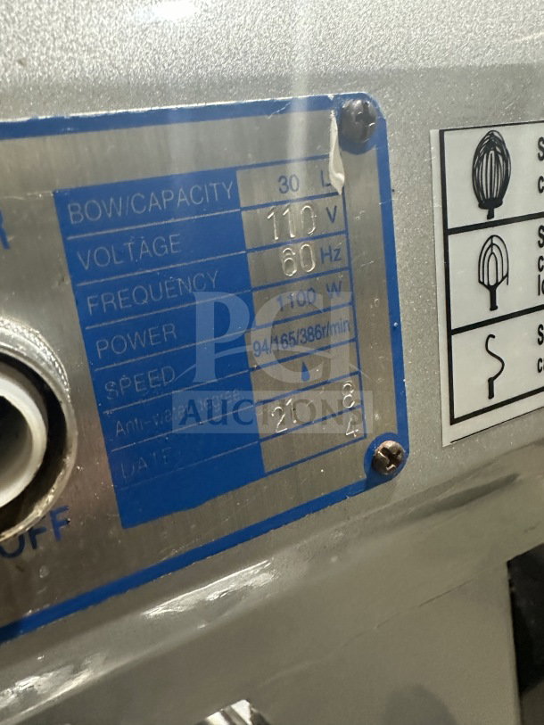 Preenex 30 Qt 3-Speed Planetary Mixer 110V label showing 1100W power, 60Hz frequency, and speed settings.