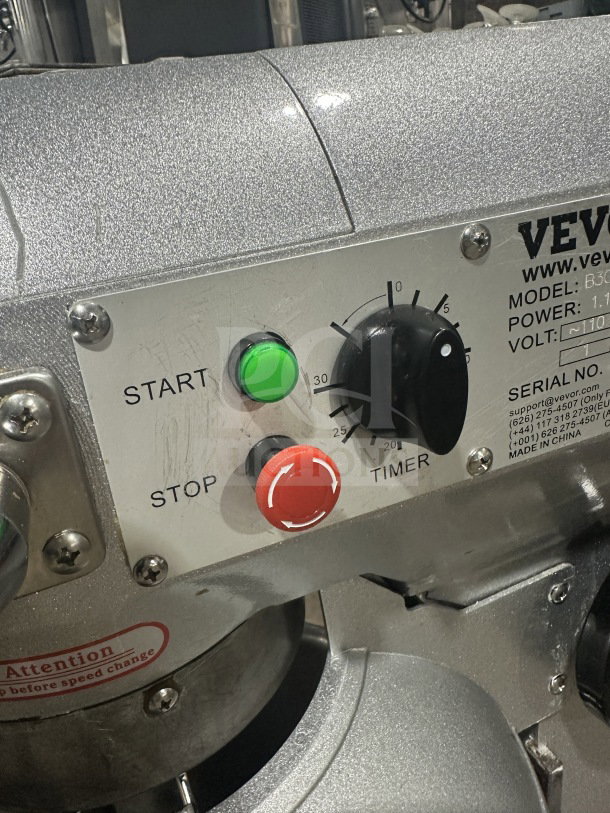 Vevor 30Qt Commercial Mixer, model B30-BT, with 3-speed settings and stainless steel bowl. Features start/stop controls.