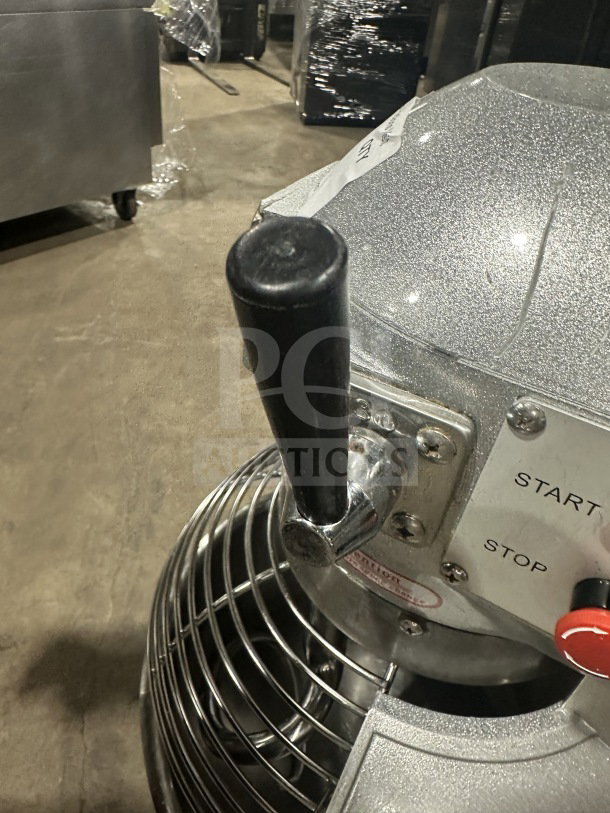 Vevor 30Qt commercial 3-speed mixer with stainless steel bowl, B30BT model, 110V, start/stop buttons visible.