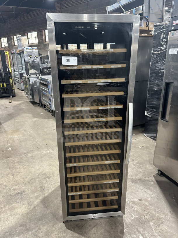 Eurodib USF-168S single door wine cooler merchandiser, stainless steel, glass front, wood shelves, 110/120V, excellent condition.