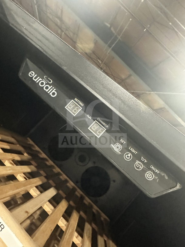 Eurodib Commercial Wine Cooler, Model USF168S, shown with control panel and wooden shelves. Single door, 110/120V, 60Hz.