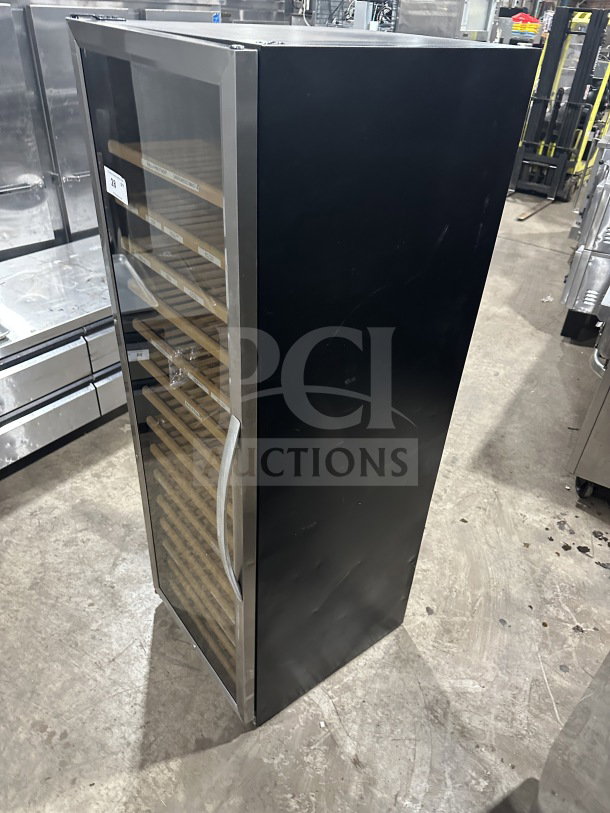 Eurodib USF-168S commercial wine cooler, single door, glass front, wood shelves, 110/120V, 1 phase, good condition.