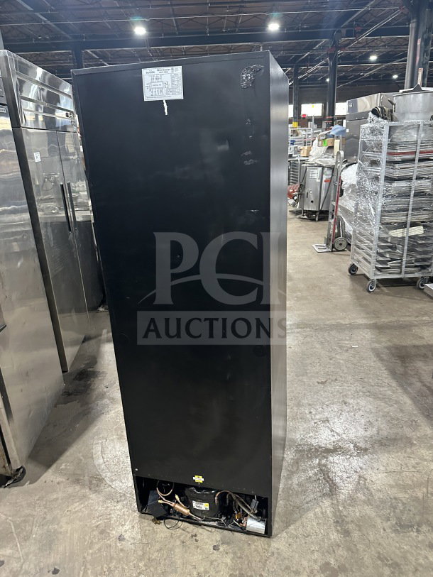 Eurodib USF-168S single door wine cooler merchandiser, black finish, model label showing 110/120V, 60HZ, 1 Phase.