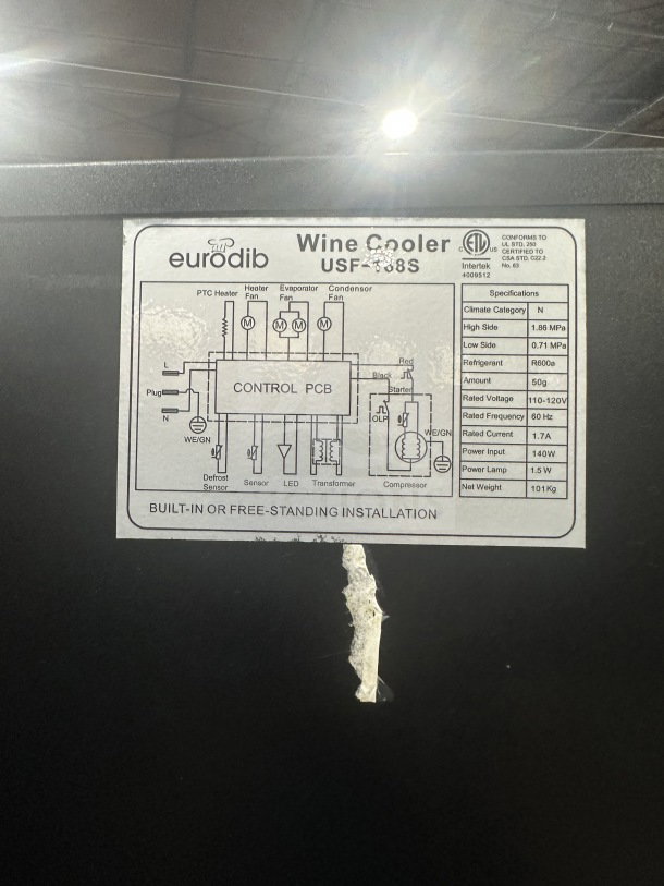 Eurodib Commercial Wine Cooler USF-168S label showing specifications, 110/120V, 60Hz, single-phase, R600a refrigerant.
