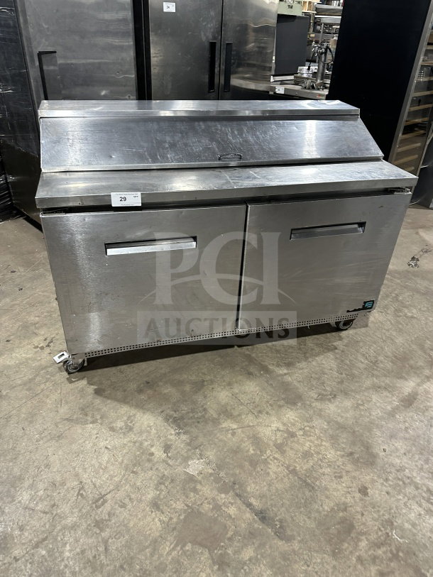 Asber PTS-60-16 60 refrigerated prep table, stainless steel, 2-door, on casters, showing minor wear, SN: 1309158M.
