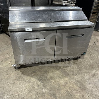 Asber PTS-60-16 60 refrigerated prep table, stainless steel, 2-door, on casters, showing minor wear, SN: 1309158M.