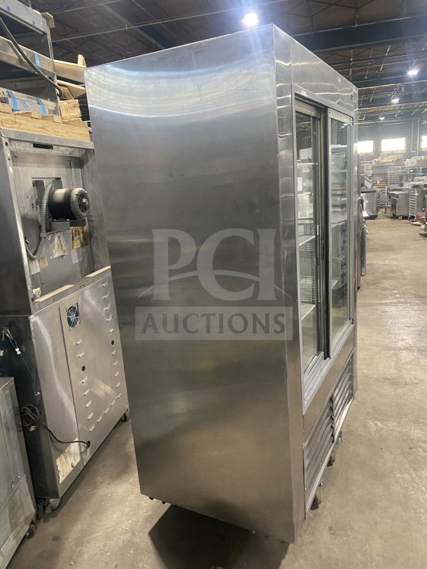 Leader LS54 stainless steel refrigerator merchandiser, sliding glass doors, poly coated wire racks, commercial grade, 115V.