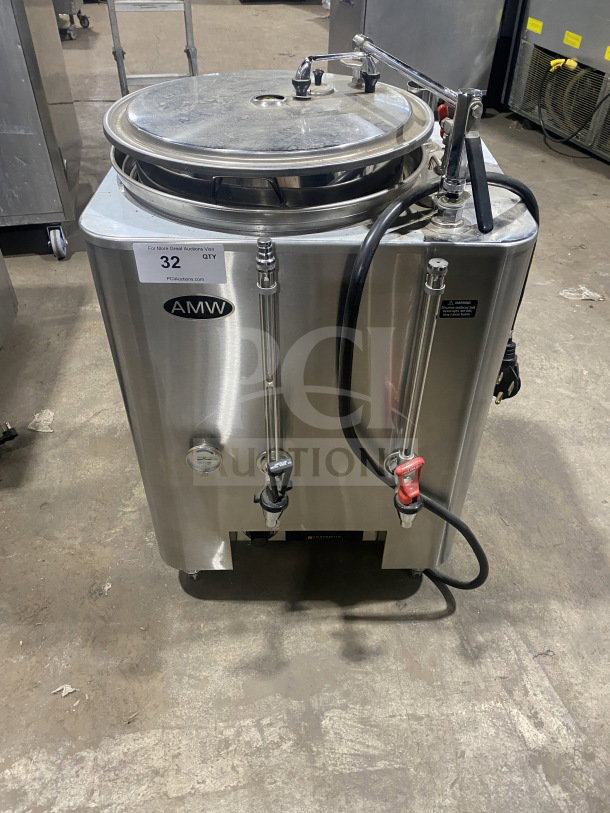 Grindmaster AMW Series 8116E stainless steel dual wall coffee brewer. Features electric power. SN: A139856. Visible AMW branding.