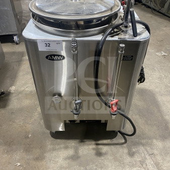 Grindmaster AMW Series 8116E stainless steel dual wall coffee brewer. Features electric power. SN: A139856. Visible AMW branding.
