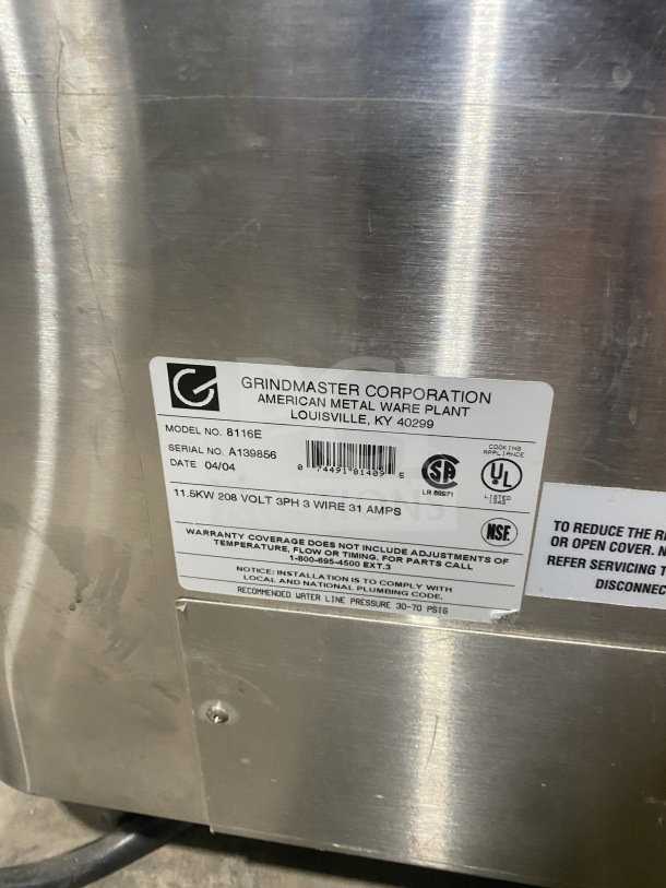 Grindmaster AMW Series 8116E commercial coffee brewer, stainless steel, high volume, model 8116E, serial A139856.