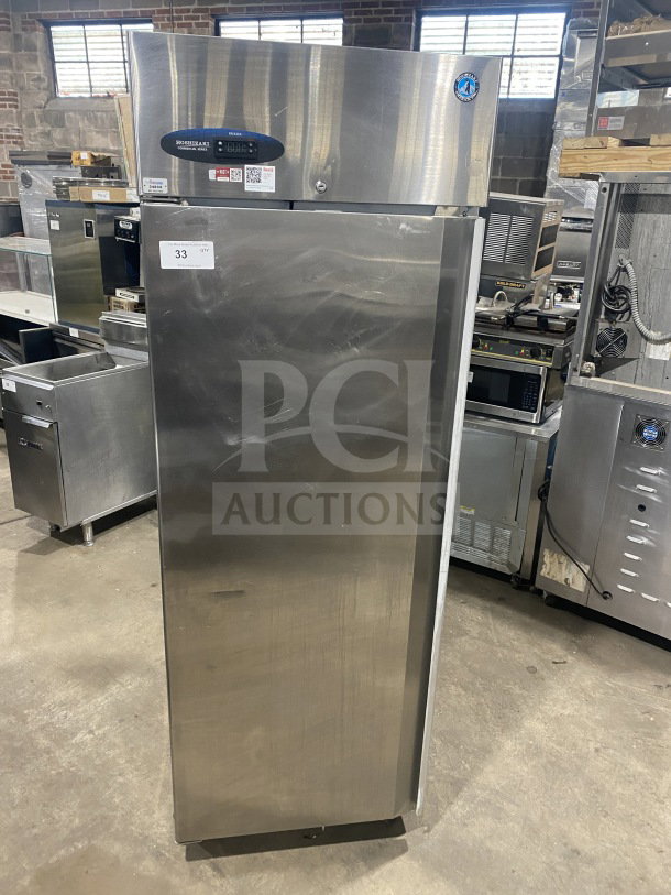 Hoshizaki commercial stainless steel upright freezer, model CF1B-FSL. Features single solid door, poly coated rack, on casters.
