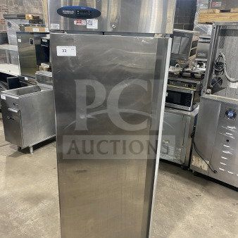 Hoshizaki commercial stainless steel upright freezer, model CF1B-FSL. Features single solid door, poly coated rack, on casters.