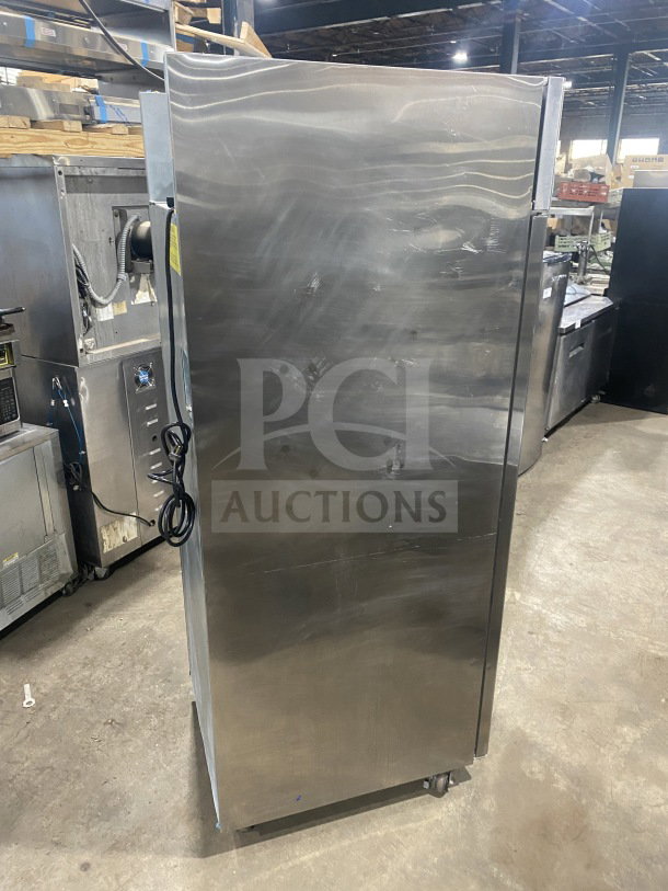 Hoshizaki stainless steel upright freezer, model CF1B-FSL, single solid door, poly-coated wire rack, on casters.