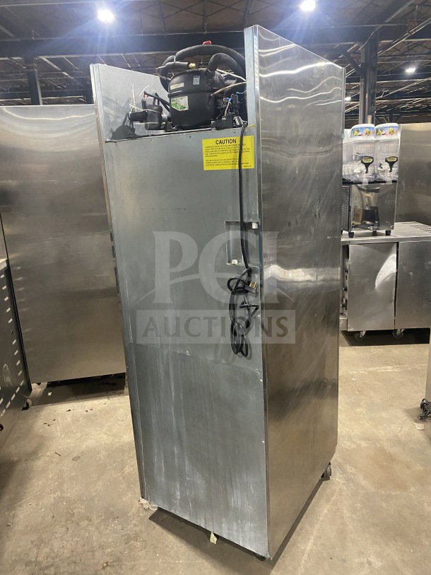 Hoshizaki stainless steel upright freezer, model CF1B-FSL. Single solid door, poly-coated rack, on casters, 115V, 1 phase.