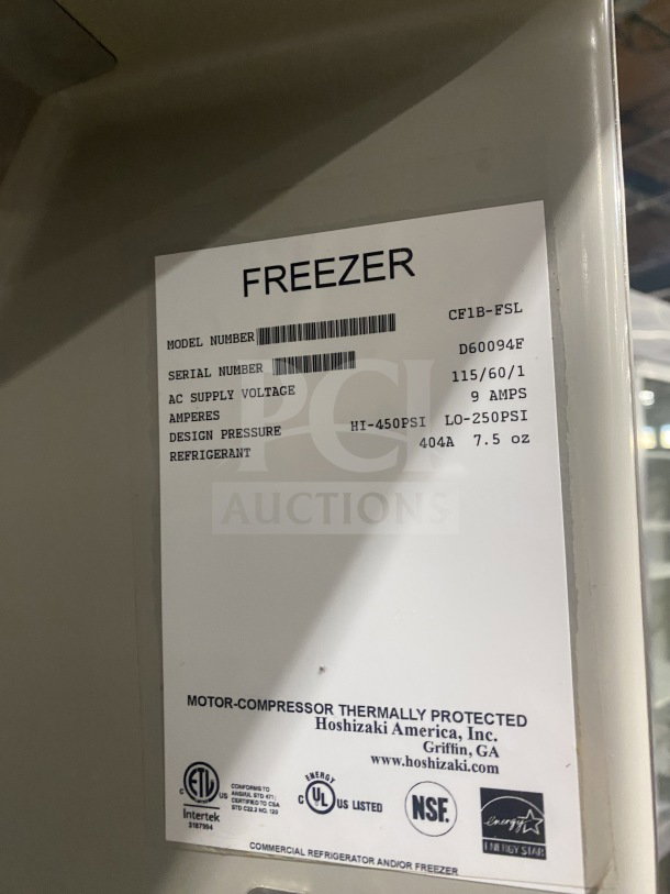 Hoshizaki commercial freezer, model CF1B-FSL, stainless steel, single solid door, poly coated rack, on casters, 115V, 1 phase.