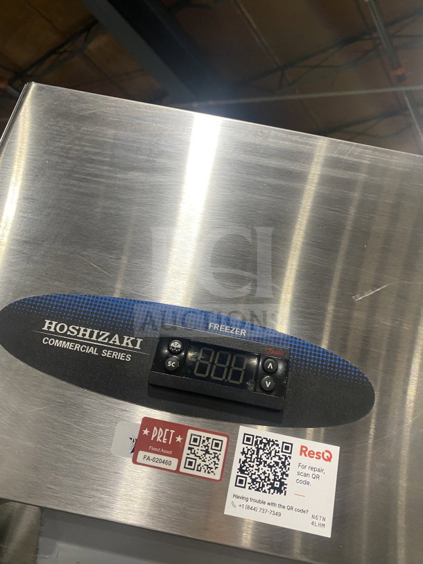 Hoshizaki Commercial Stainless Steel Upright Freezer, Model CF1B-FSL, with digital display and QR code for repairs.