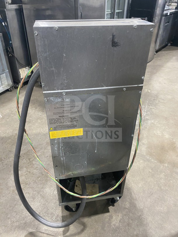 Imperial IFS50E stainless steel electric deep fryer with fry basket, splash back, and casters; serial number 06128823.
