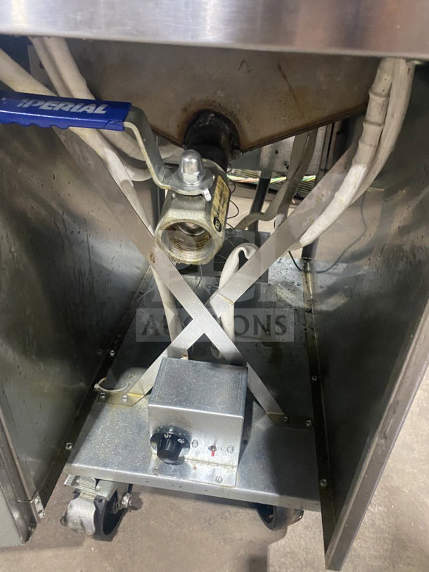 Imperial Commercial Stainless Steel Electric Full Pot Deep Fryer, Model IFS50E, on casters, with splash back and fry basket.