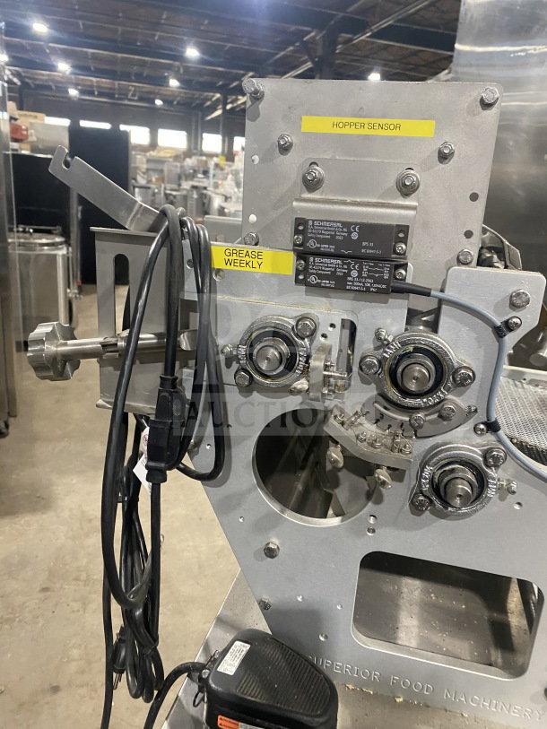 Superior Commercial Stainless Steel Corn Tortilla Machine, Model 1CH4.5X9TM, on casters, 120V, 1 phase, with hopper sensor and grease weekly label.