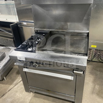 Commercial stainless steel gas range with 2 burners, plancha grill, convection oven, wire rack, and splashback.